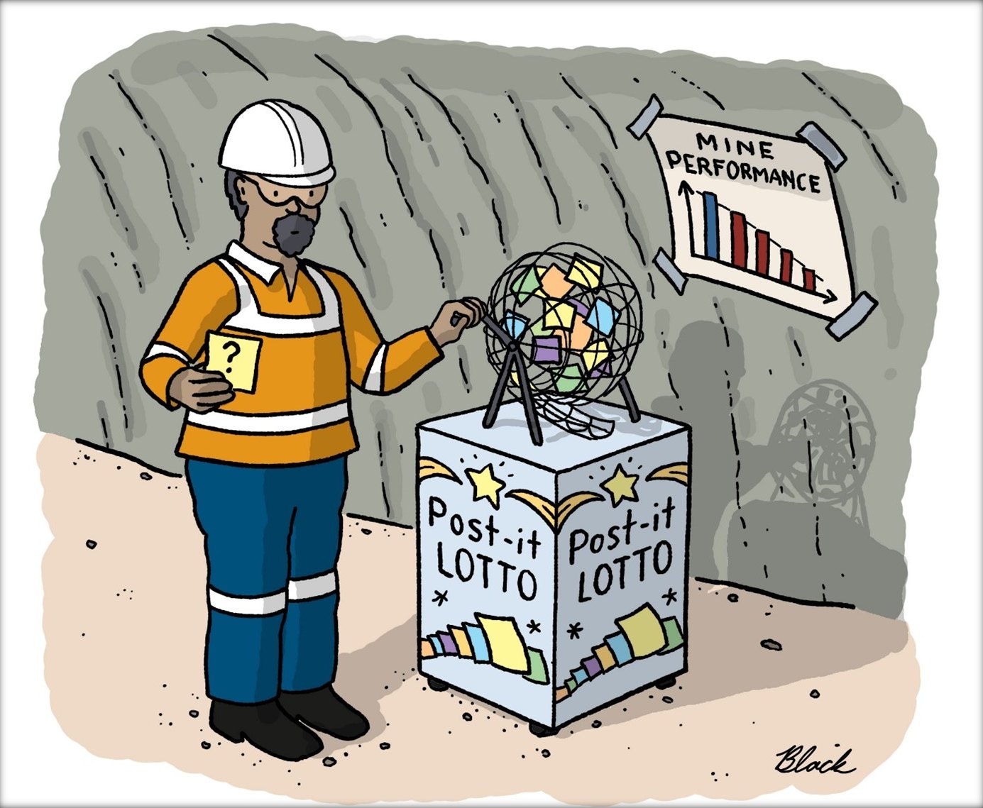 Cartoon: a miner spins a Post-it Lotto drum while the mine performance chart falls